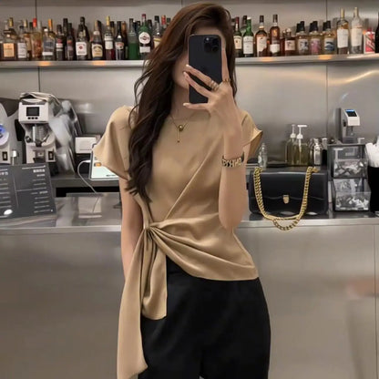 Trendy & Stylish – Lace-Up Solid Slim Blouse for Office
