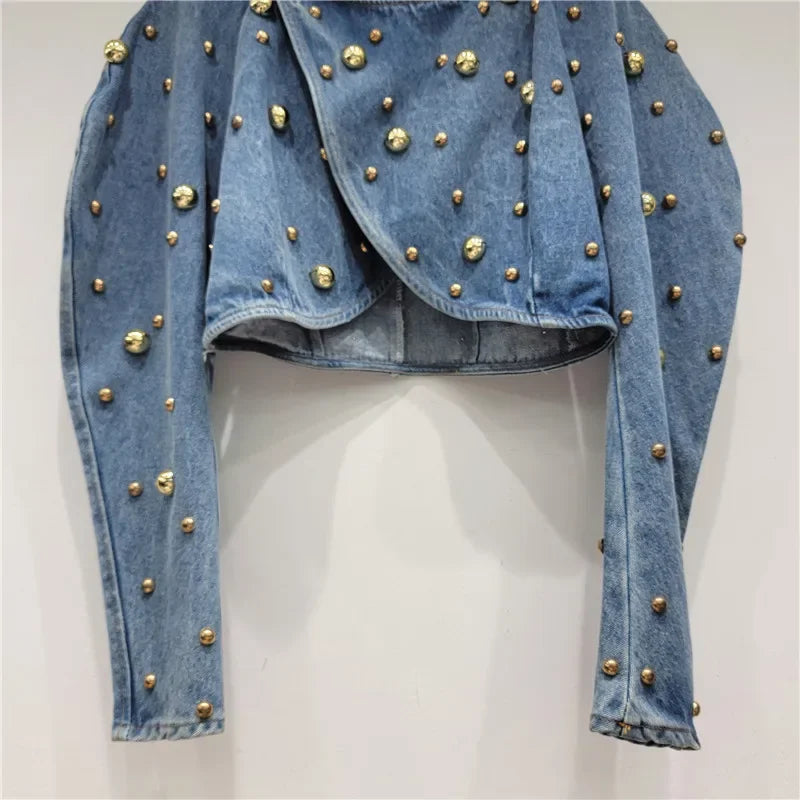 Pearl Beaded Cowboy Jacket – Women’s Long Lantern Sleeve Denim Bomber