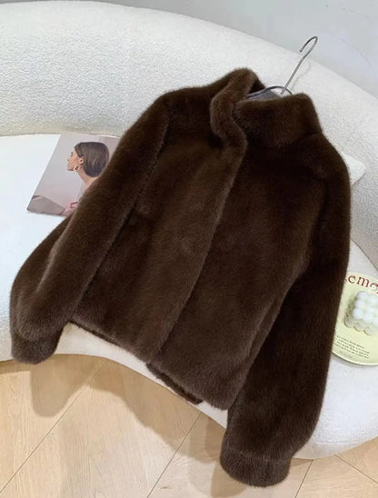Golden Mink Lined Faux Fur Coat – Short Stand Collar Winter Jacket