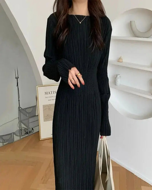 Elegant Women’s Dress – Korean Chic Long Sleeve Pleated Skirt Dress
