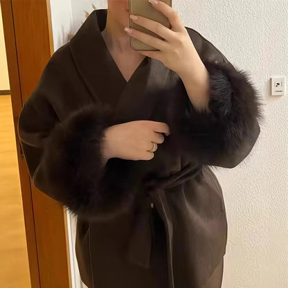 Elegant Woolen Coat – Women’s Full Sleeve Loose Short Coat with Belt