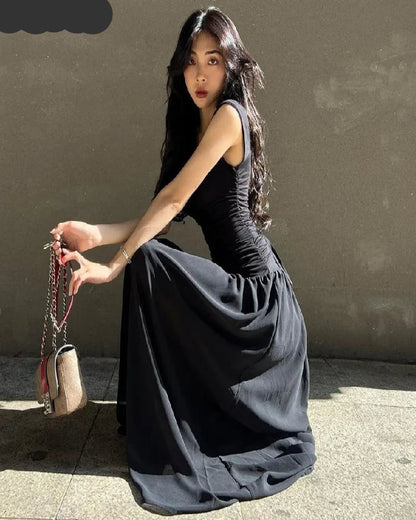 Casual Elegant Summer Dress – High-Waist Solid Ruched Maxi Dress