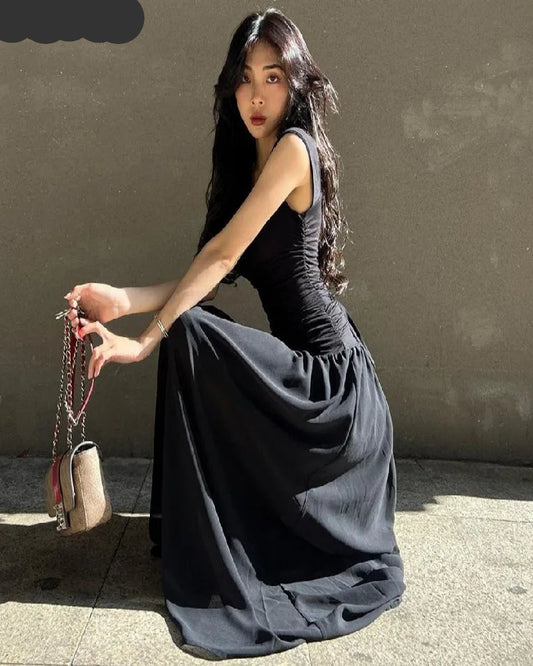 Casual Elegant Summer Dress – High-Waist Solid Ruched Maxi Dress