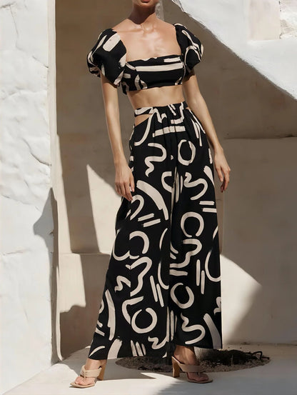 Elegant Women’s Set – Puff Sleeve Top & Hollow Waist Big Hem Dress