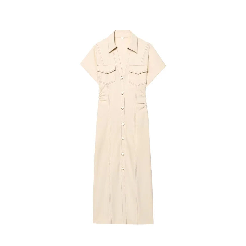 Fashionable Women’s Midi Dress – Lapel Denim Slim Waist Dress