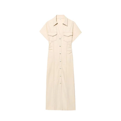 Fashionable Women’s Midi Dress – Lapel Denim Slim Waist Dress
