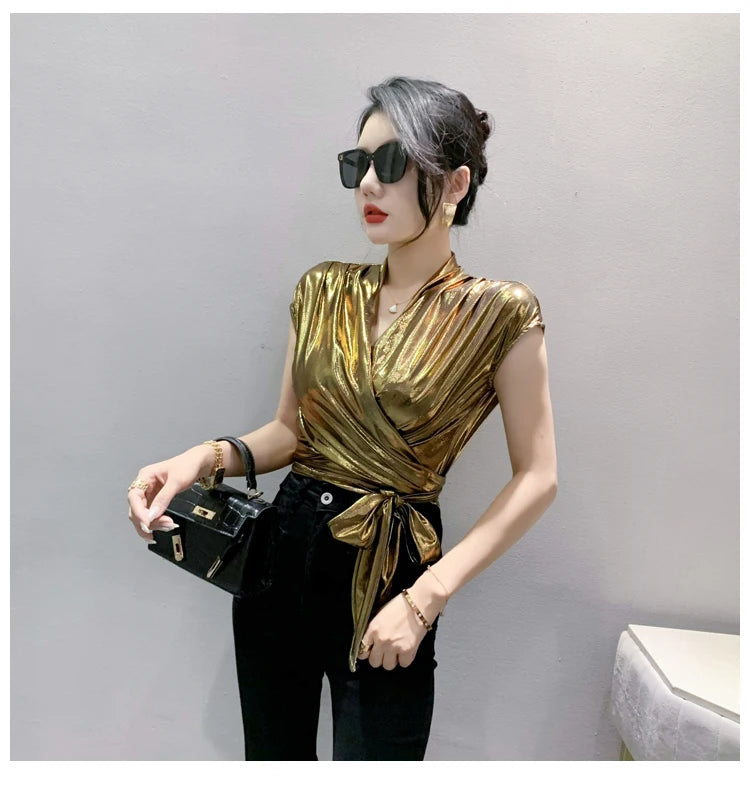 Shine & Chic – Metallic Short Sleeve Wrap Top for Women