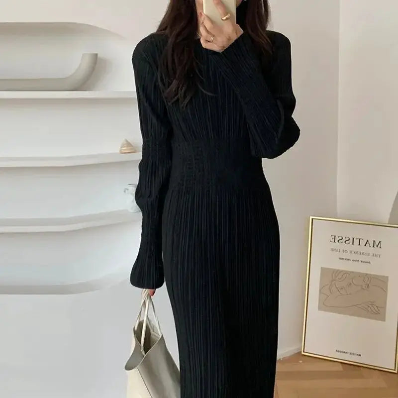 Elegant Women’s Dress – Korean Chic Long Sleeve Pleated Skirt Dress