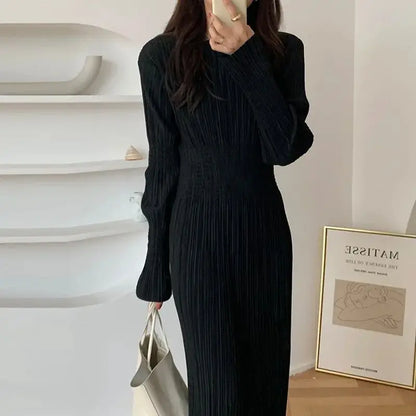 Elegant Women’s Dress – Korean Chic Long Sleeve Pleated Skirt Dress