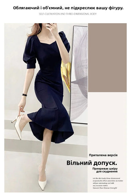 Fashionable Summer Dress – Slim Fit Square Collar Bubble Sleeve
