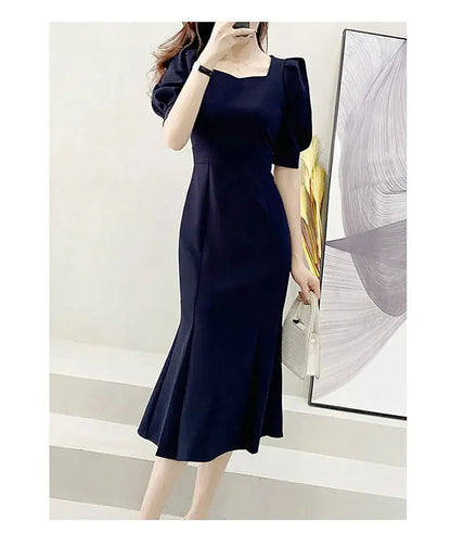 Chic Women’s Ball Gown – Square Collar Puffy Sleeve Fish Tail Dress