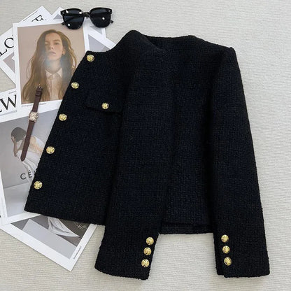 Short Black Tweed Coat – Women’s Autumn Winter Single-Breasted Jacket