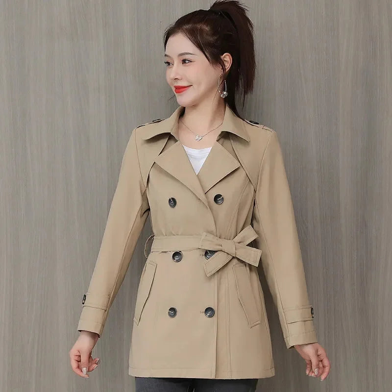 Spring Outerwear for Women – Belted Double-Breasted Long Sleeve Jacket
