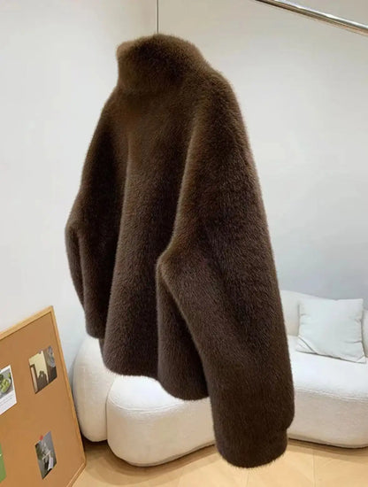 Golden Mink Lined Faux Fur Coat – Short Stand Collar Winter Jacket