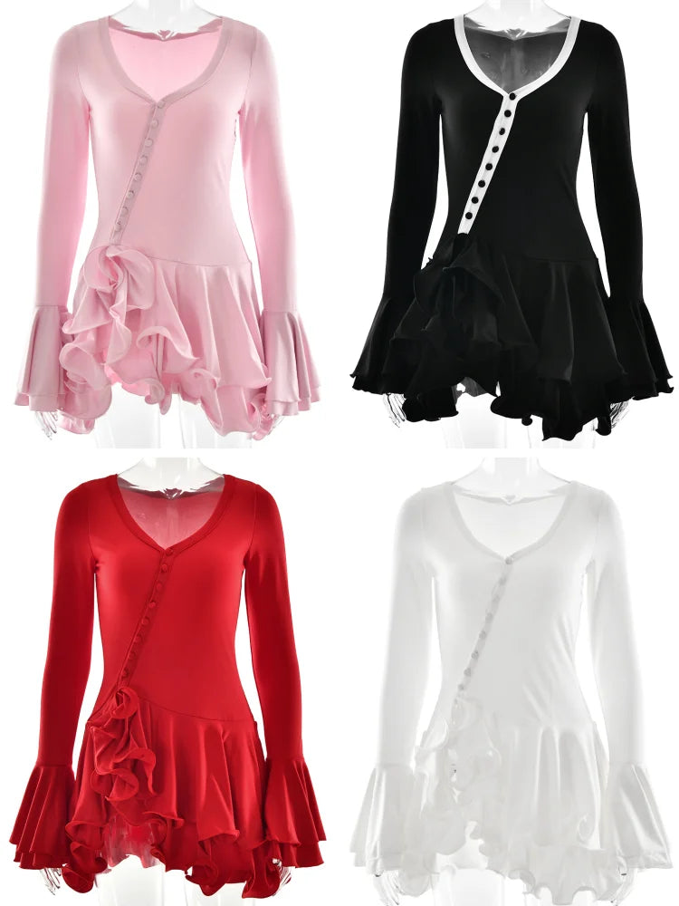 Absobe Ruffle Mini Dress - V-Neck A-Line Bodycon with Asymmetrical Buttons
