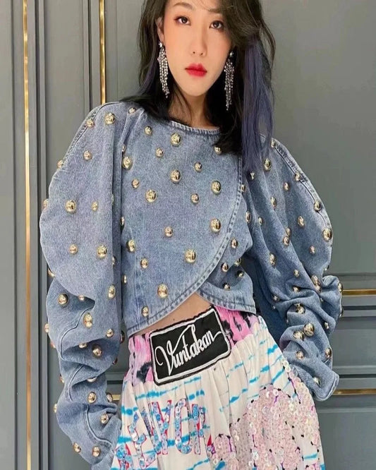 Pearl Beaded Cowboy Jacket – Women’s Long Lantern Sleeve Denim Bomber