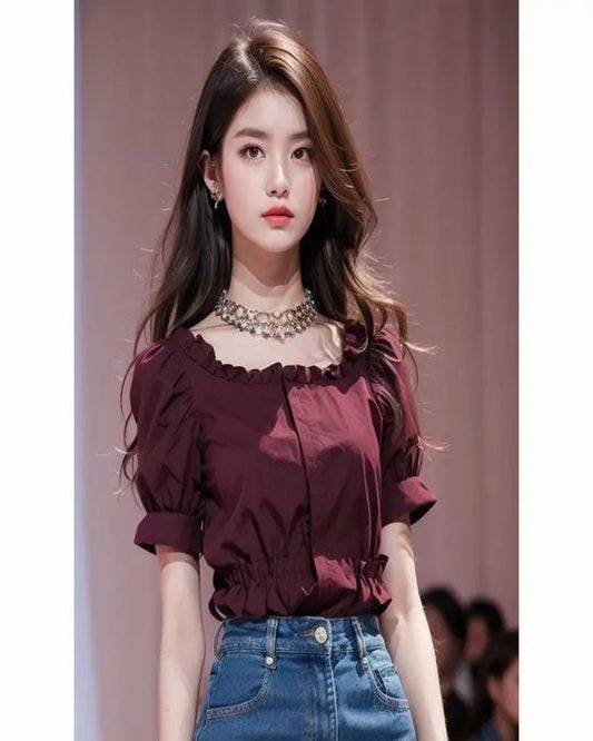 Chic & Trendy – Women’s Wine Red French Design Top