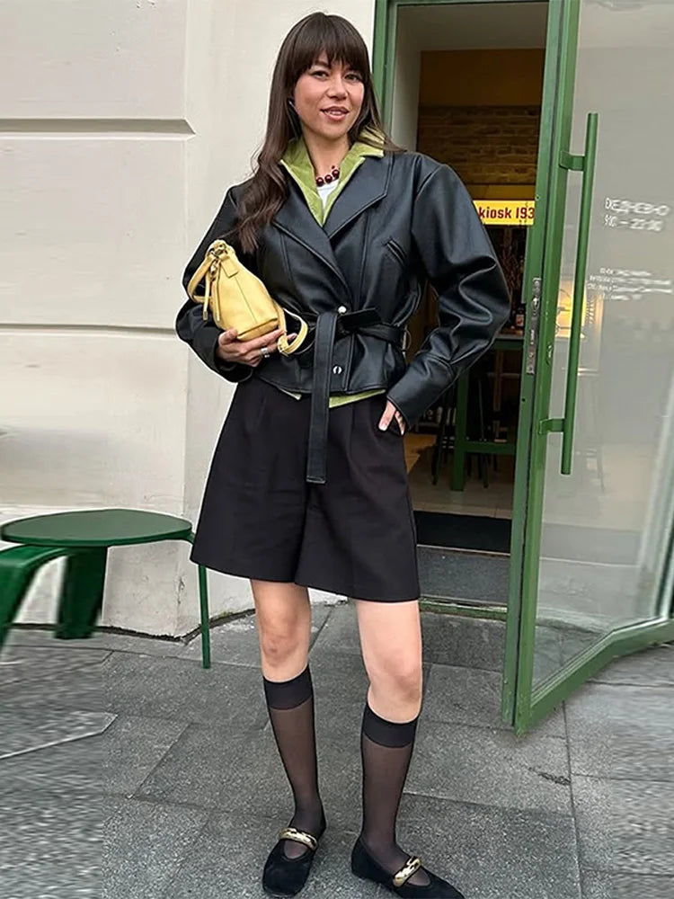 Short Faux Leather Jacket – Women’s Pockets Belt Turn-down Collar Coat