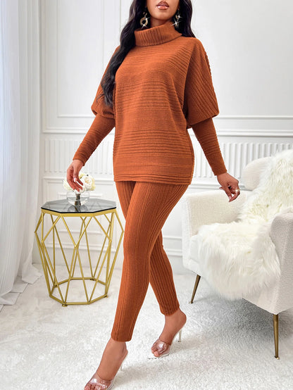 Street Style Two-Piece – High-Neck Top & Slim Knit Pants for Women