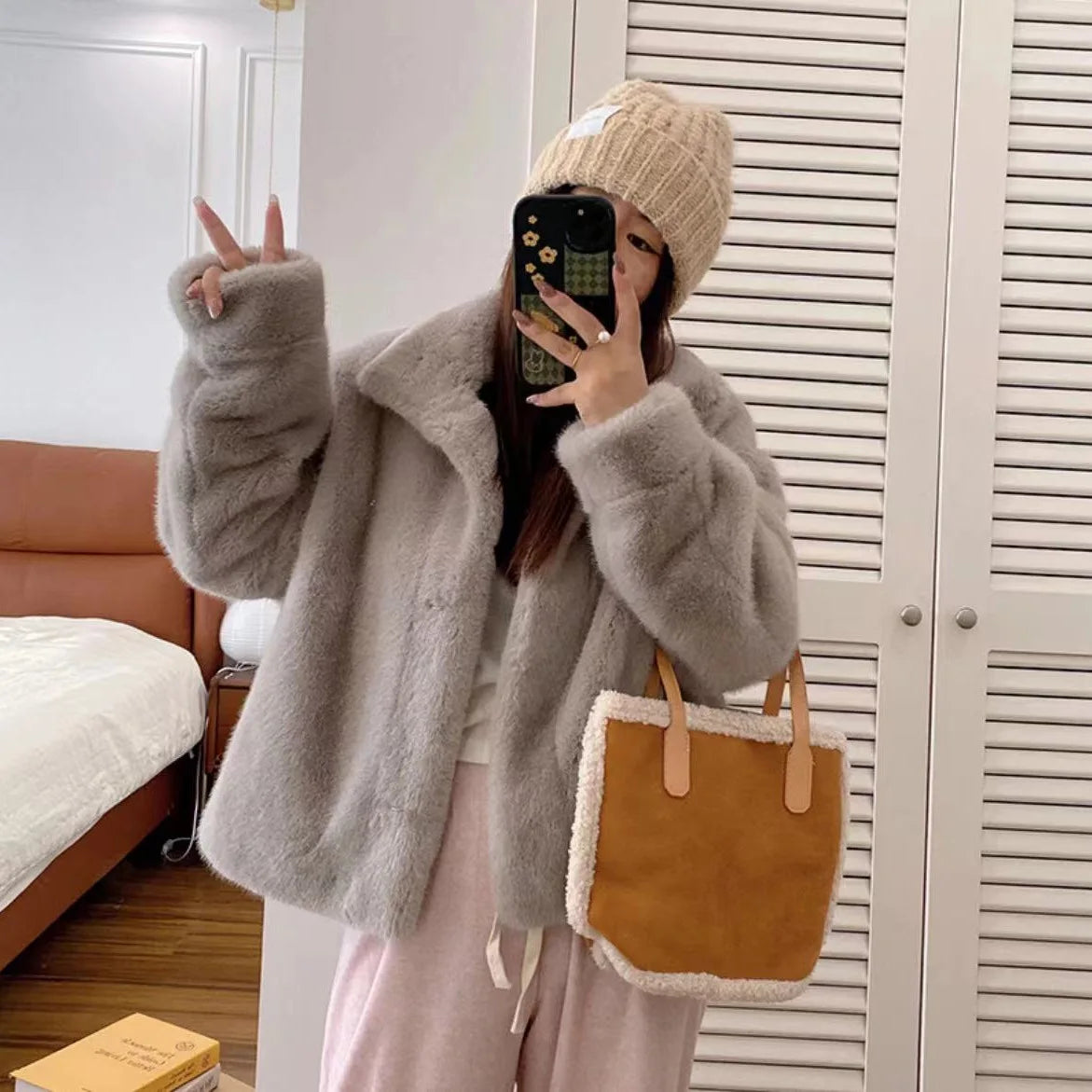 Golden Mink Lined Faux Fur Coat – Short Stand Collar Winter Jacket