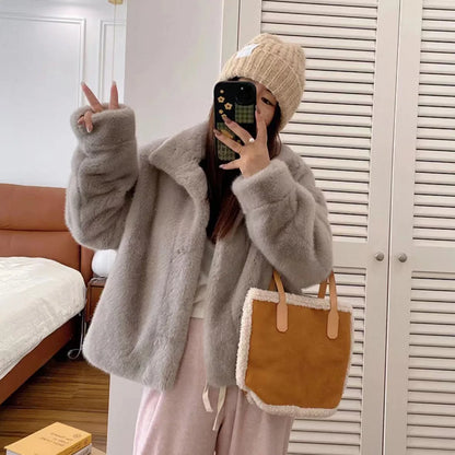 Golden Mink Lined Faux Fur Coat – Short Stand Collar Winter Jacket