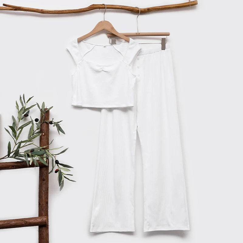 Women’s Fairycore Casual Set – Square Collar Crop Top & Pants