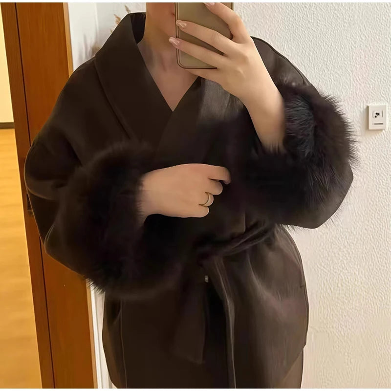 Elegant Woolen Coat – Women’s Full Sleeve Loose Short Coat with Belt