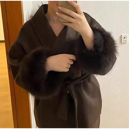 Elegant Woolen Coat – Women’s Full Sleeve Loose Short Coat with Belt