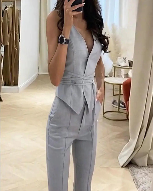 Office Lady 2 Pcs Set – Sleeveless Waistcoat & Straight Pants with Tie Belt