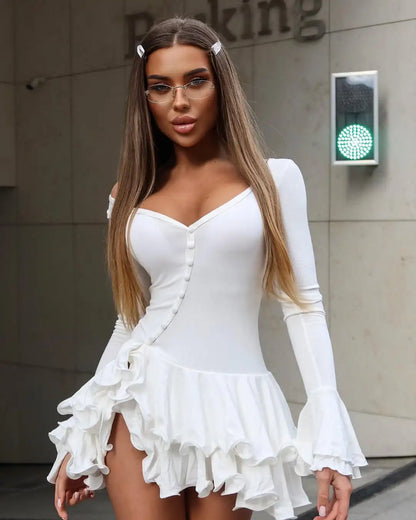 Absobe Ruffle Mini Dress - V-Neck A-Line Bodycon with Asymmetrical Buttons