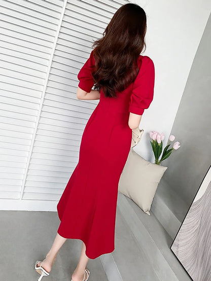 Fashionable Summer Dress – Slim Fit Square Collar Bubble Sleeve