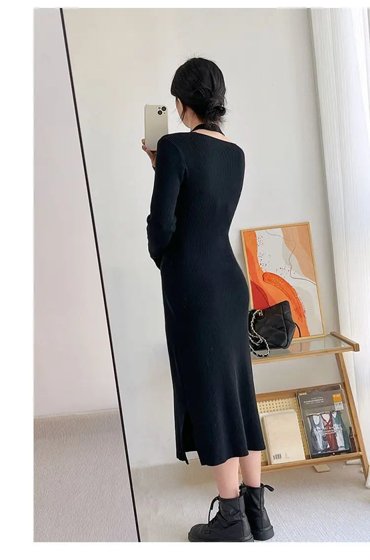 Street Style Winter Dress – Women’s Slim Halter Knit Long Skirt