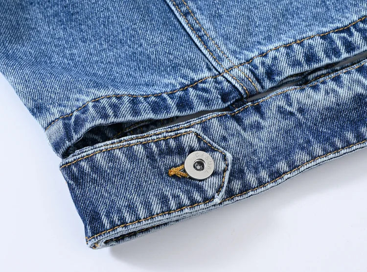 Short Denim Jacket for Women – Black Lapel Long Sleeve Fashion Coat