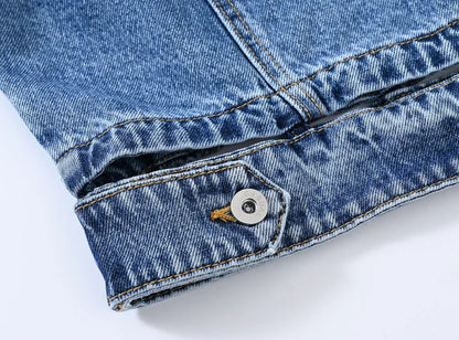 Short Denim Jacket for Women – Black Lapel Long Sleeve Fashion Coat
