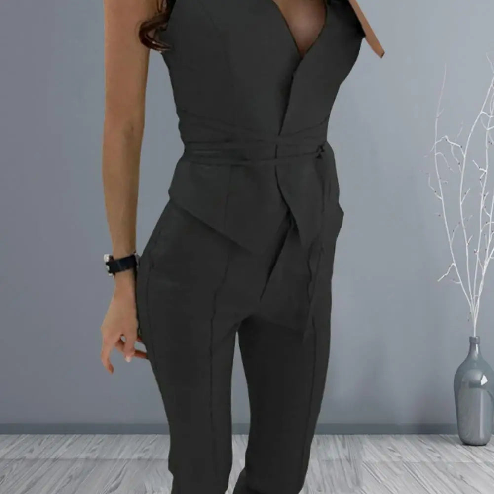 Office Lady 2 Pcs Set – Sleeveless Waistcoat & Straight Pants with Tie Belt