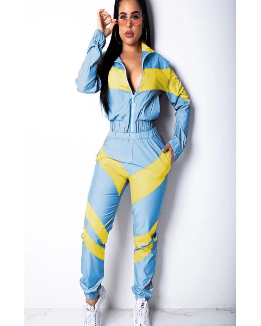 Casual Sports Set – Women’s Color-Block Windbreaker with Joggers