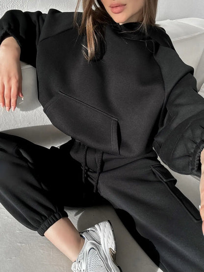Autumn Winter Casual Outfit – Hoodie with Hood & Tied Waist Pants