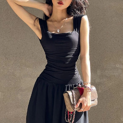 Casual Elegant Summer Dress – High-Waist Solid Ruched Maxi Dress
