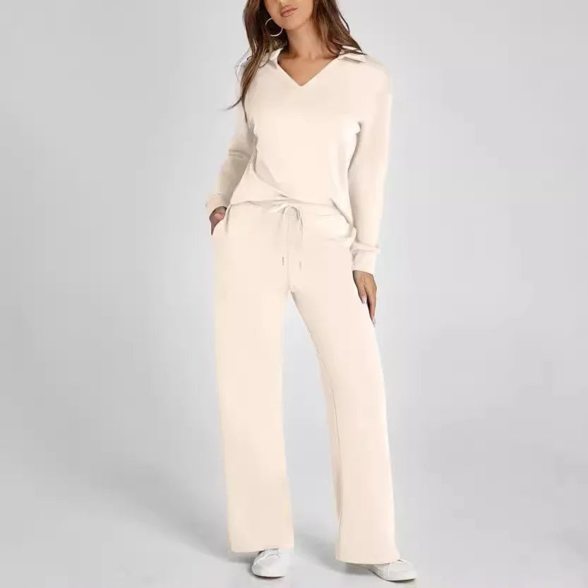 Spring Women’s Outfit – Loose V-Neck Top with Drawstring + Flared Trousers