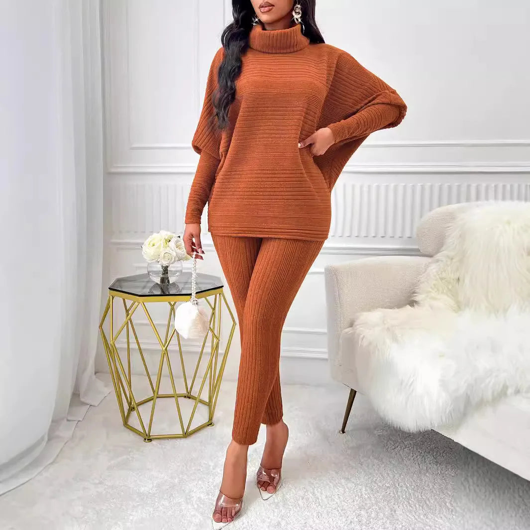 Street Style Two-Piece – High-Neck Top & Slim Knit Pants for Women