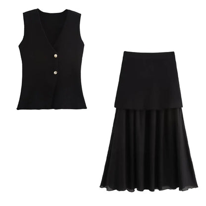 Wine Red Knitted Vest & High Waist Long Skirt – TRAFZA 2025 Women’s Set