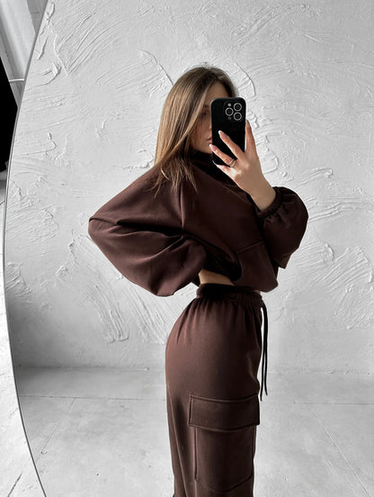 Autumn Winter Casual Outfit – Hoodie with Hood & Tied Waist Pants