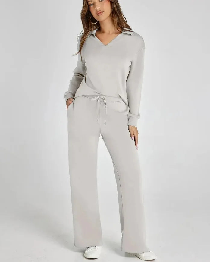 Spring Women’s Outfit – Loose V-Neck Top with Drawstring + Flared Trousers