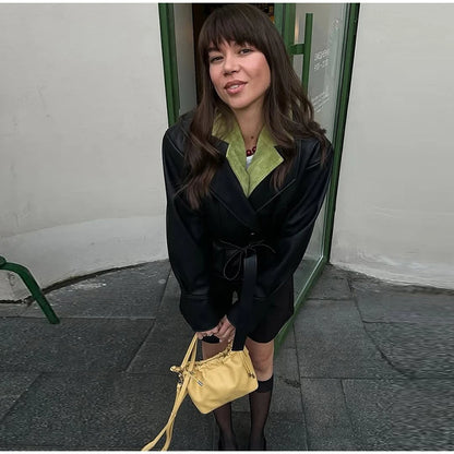 Short Faux Leather Jacket – Women’s Pockets Belt Turn-down Collar Coat