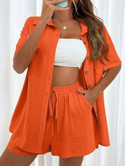 Fashionable Women’s 2-Piece Set – Single-Breasted Top & Wide Shorts