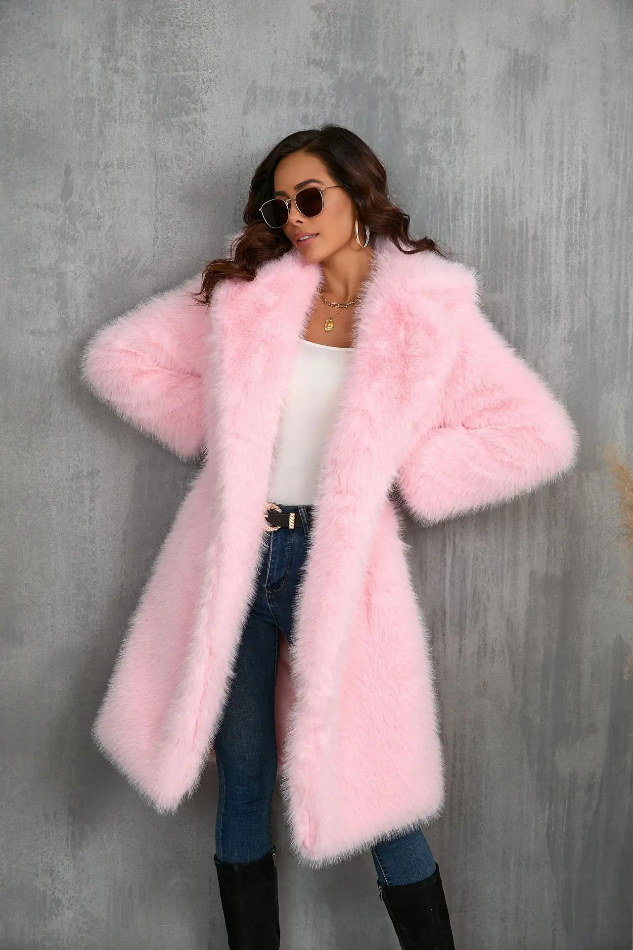 Plus Size Faux Fur Long Coat – Women’s Winter Thick Fluffy Jacket