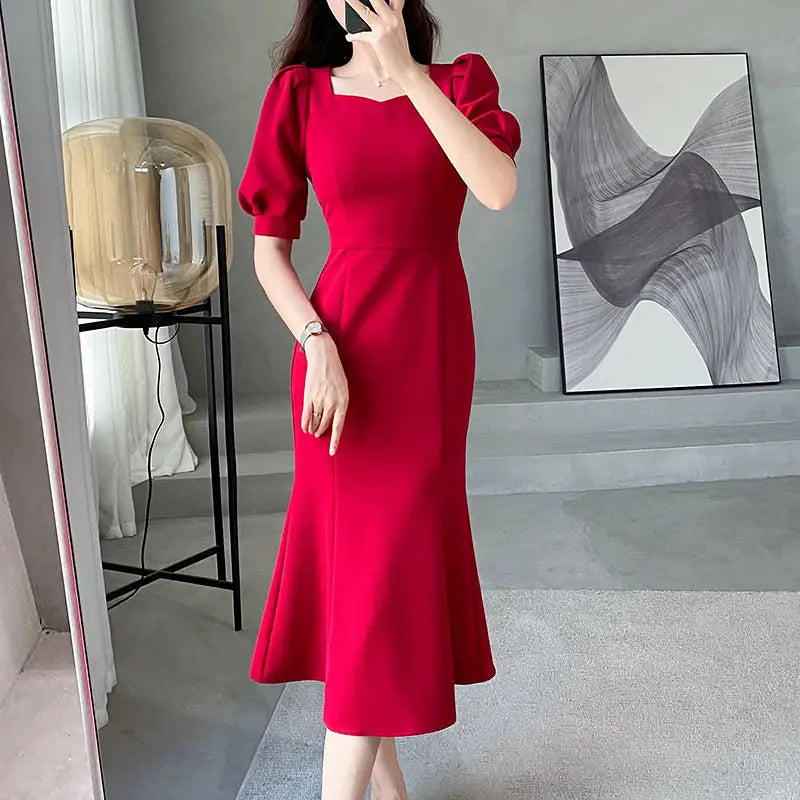 Fashionable Summer Dress – Slim Fit Square Collar Bubble Sleeve