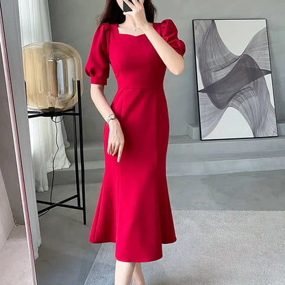 Fashionable Summer Dress – Slim Fit Square Collar Bubble Sleeve