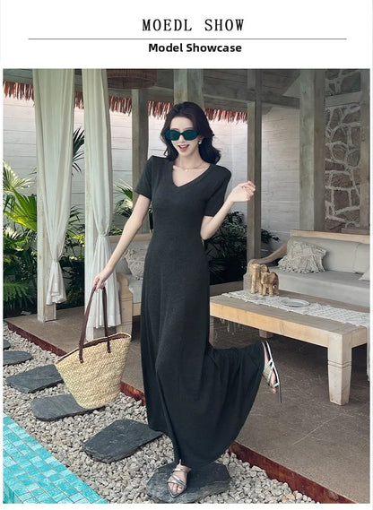Casual Summer Dress – V-Neck Slim Waist Flared Skirt for Women