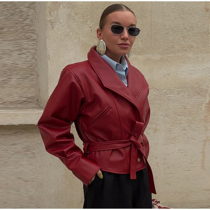 Short Faux Leather Jacket – Women’s Pockets Belt Turn-down Collar Coat